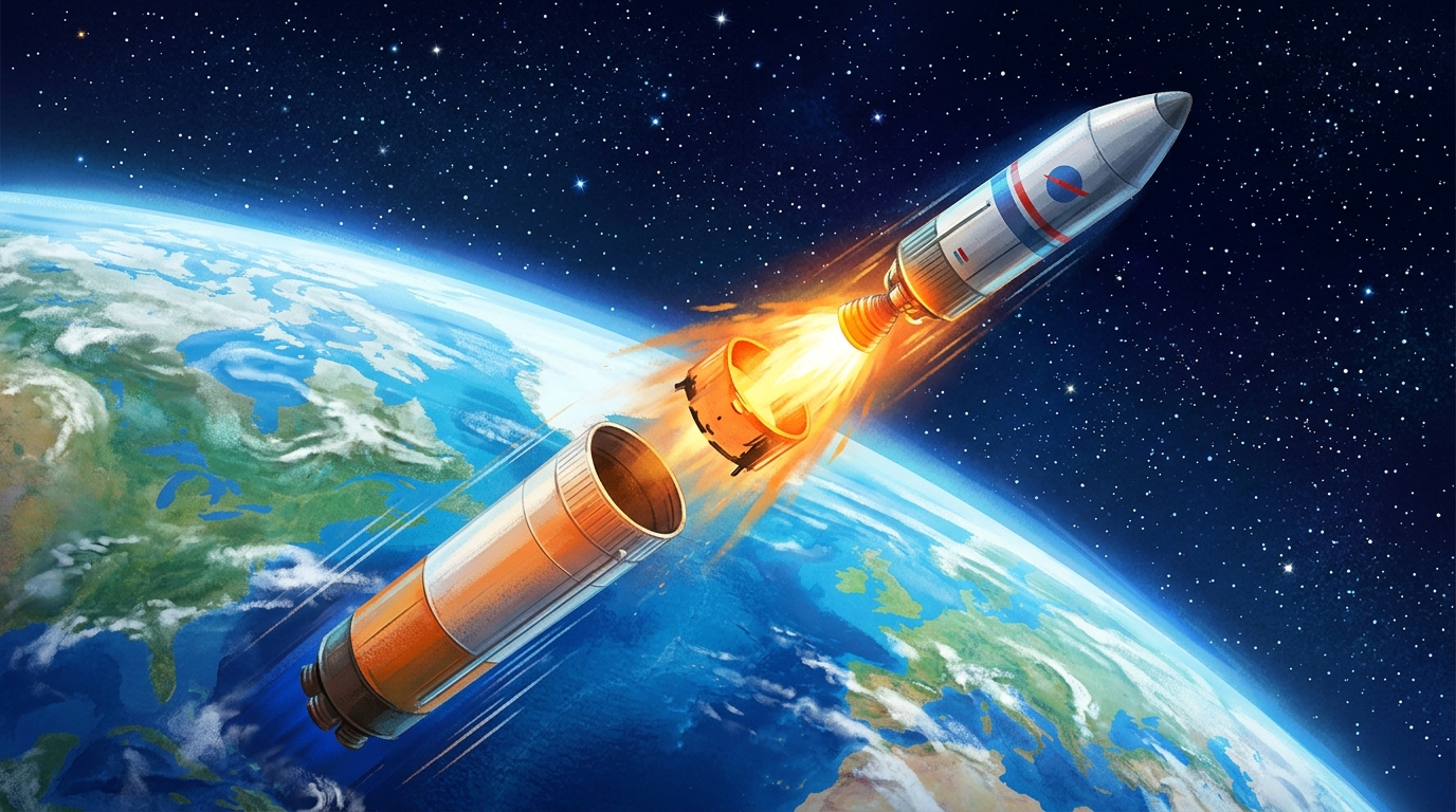 多段式ロケットがタンクを切り離して宇宙へ加速する様子