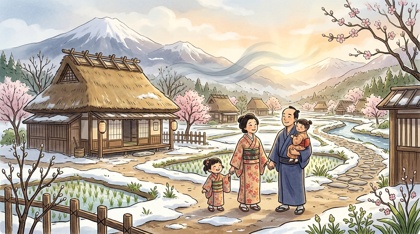 冬から春へと移り変わる里山風景