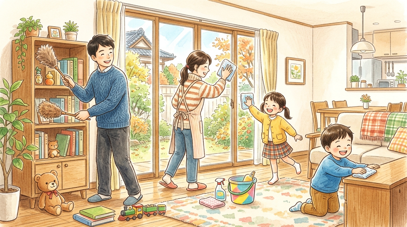 年末の大掃除を家族で楽しむ様子