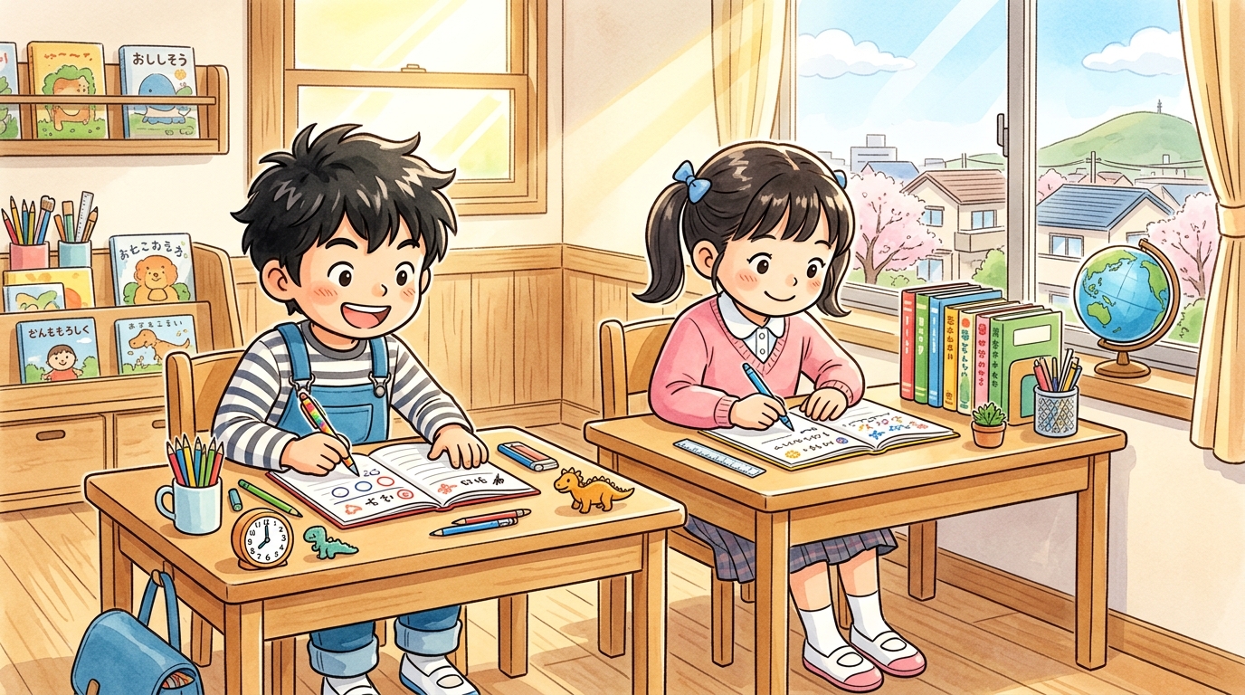 机に向かって新年の目標を書く小学生