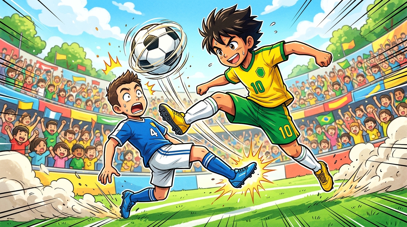 華麗なステップで相手ディフェンダーを抜き去るサッカー選手のイラスト