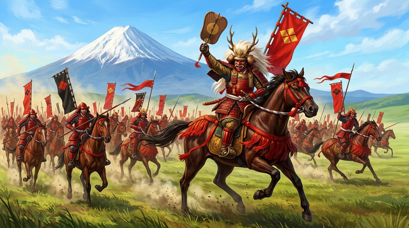 富士山を背景に武田騎馬軍団を率いる武田信玄