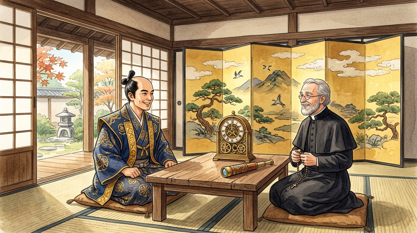 日本の戦国武将と対面し時計や望遠鏡を見せるザビエル