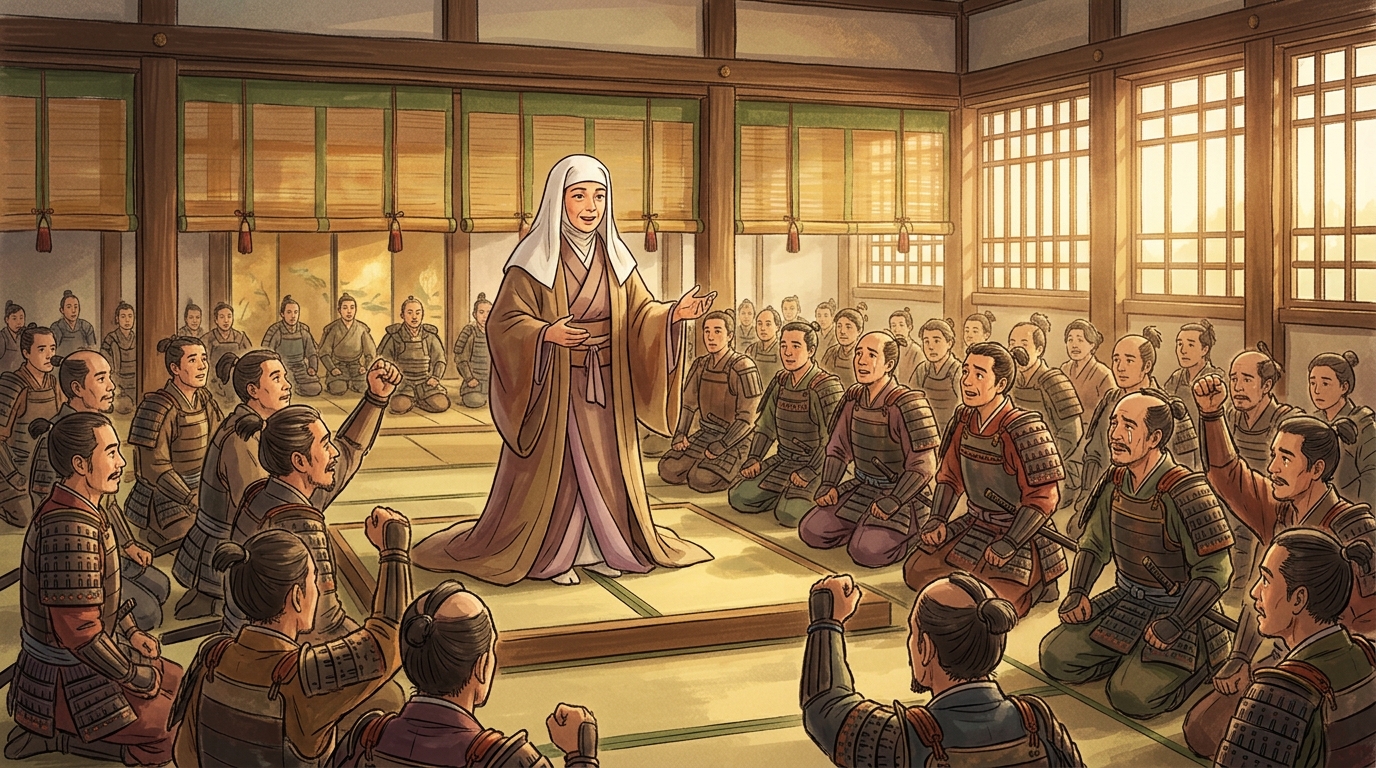 承久の乱で武士たちに語りかける北条政子