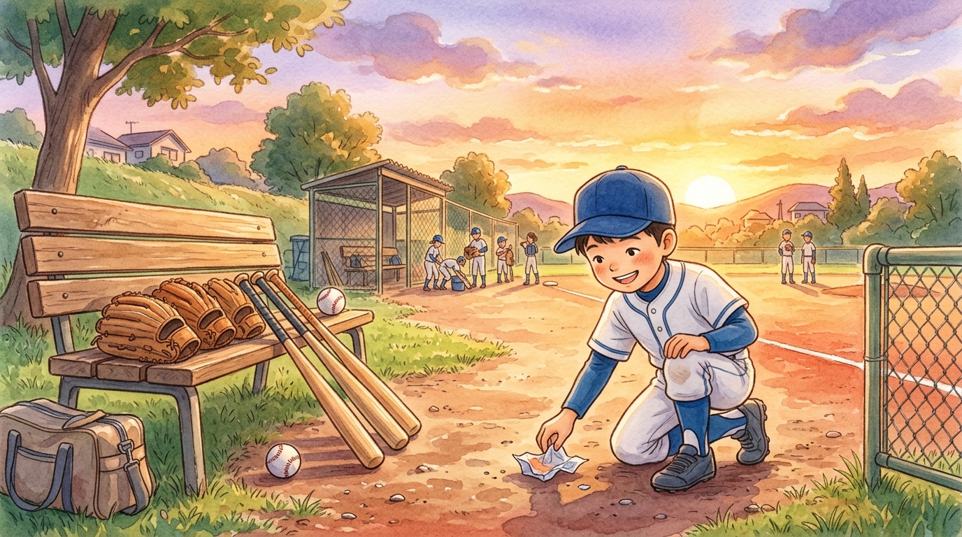 夕暮れのグラウンドでゴミを拾って運を引き寄せる少年