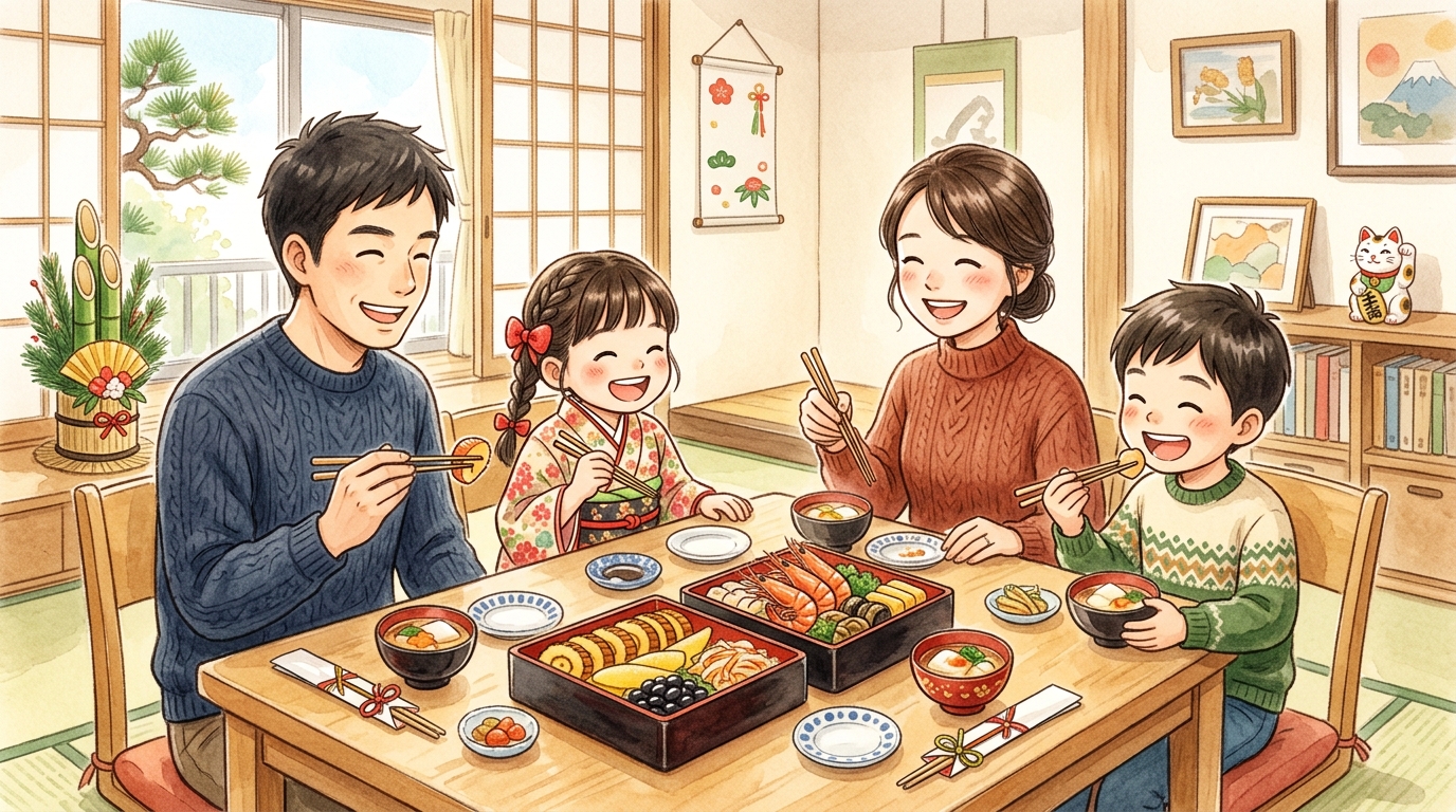 家族でお正月におせち料理を囲む温かい食卓