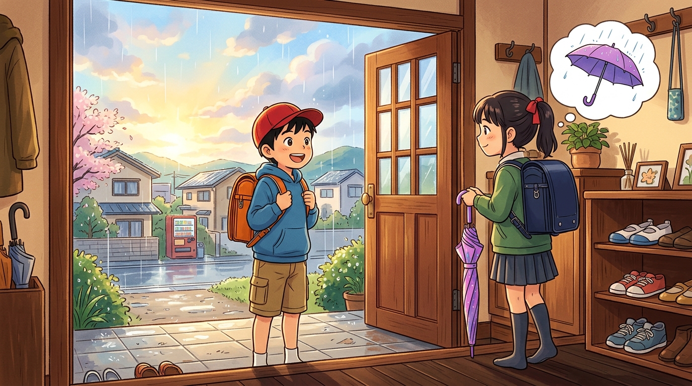 空模様を見て傘を持っていくか考える小学生