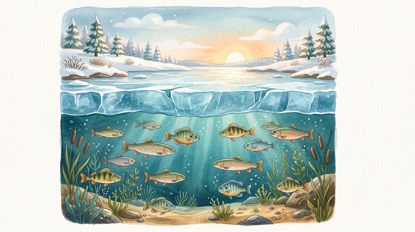 氷が張った冬の湖と水中で泳ぐ魚たち
