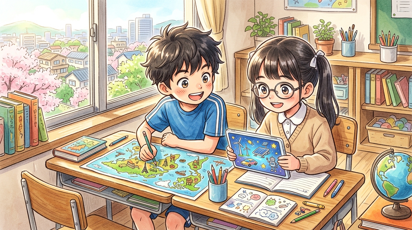 未来の社会について楽しく勉強する子どもたち