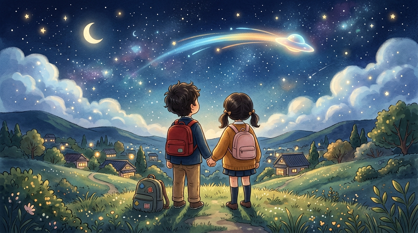 夜空を見上げる子供たちと光る未確認飛行物体