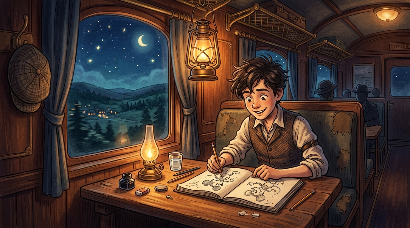 列車の車内でネズミのキャラクターを描くウォルト