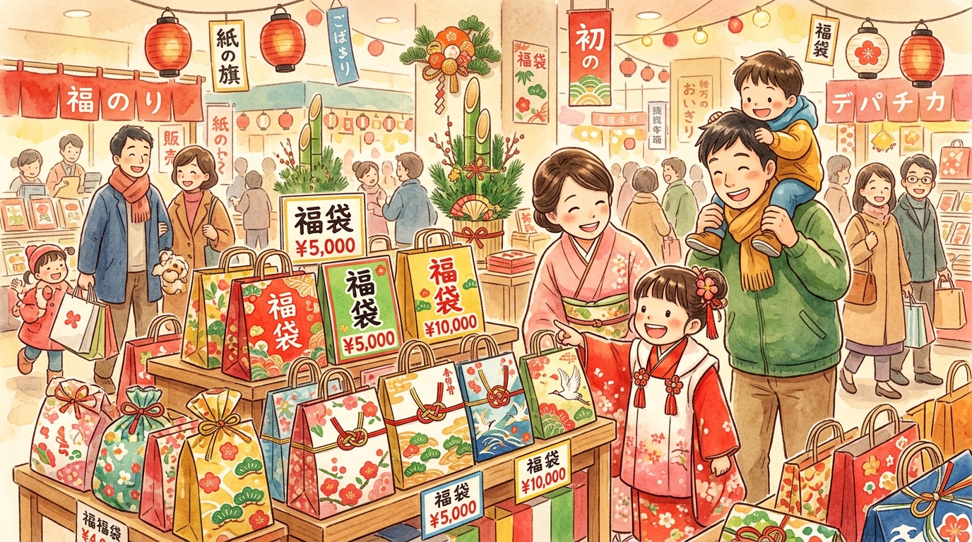 お正月のデパートで山積みになった福袋