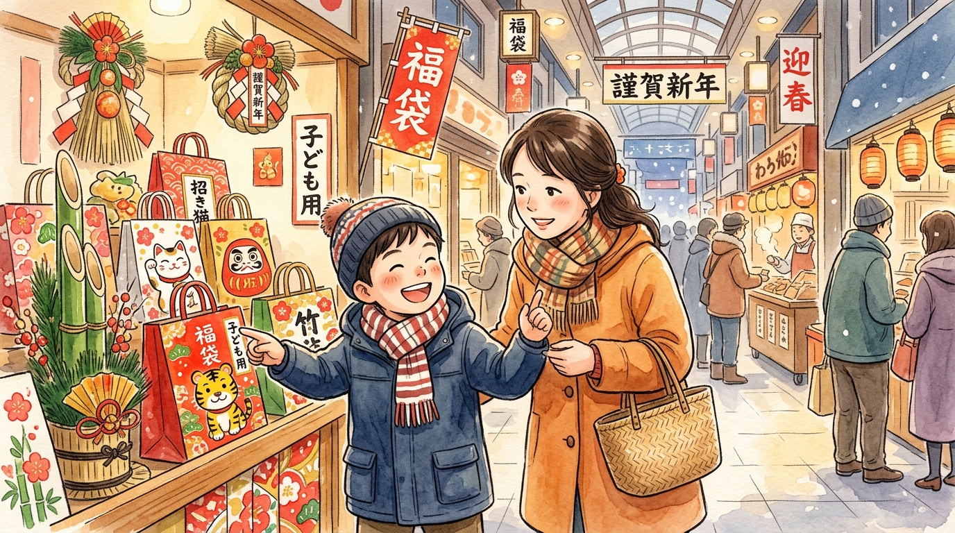 おうちの人と福袋を選ぶ様子