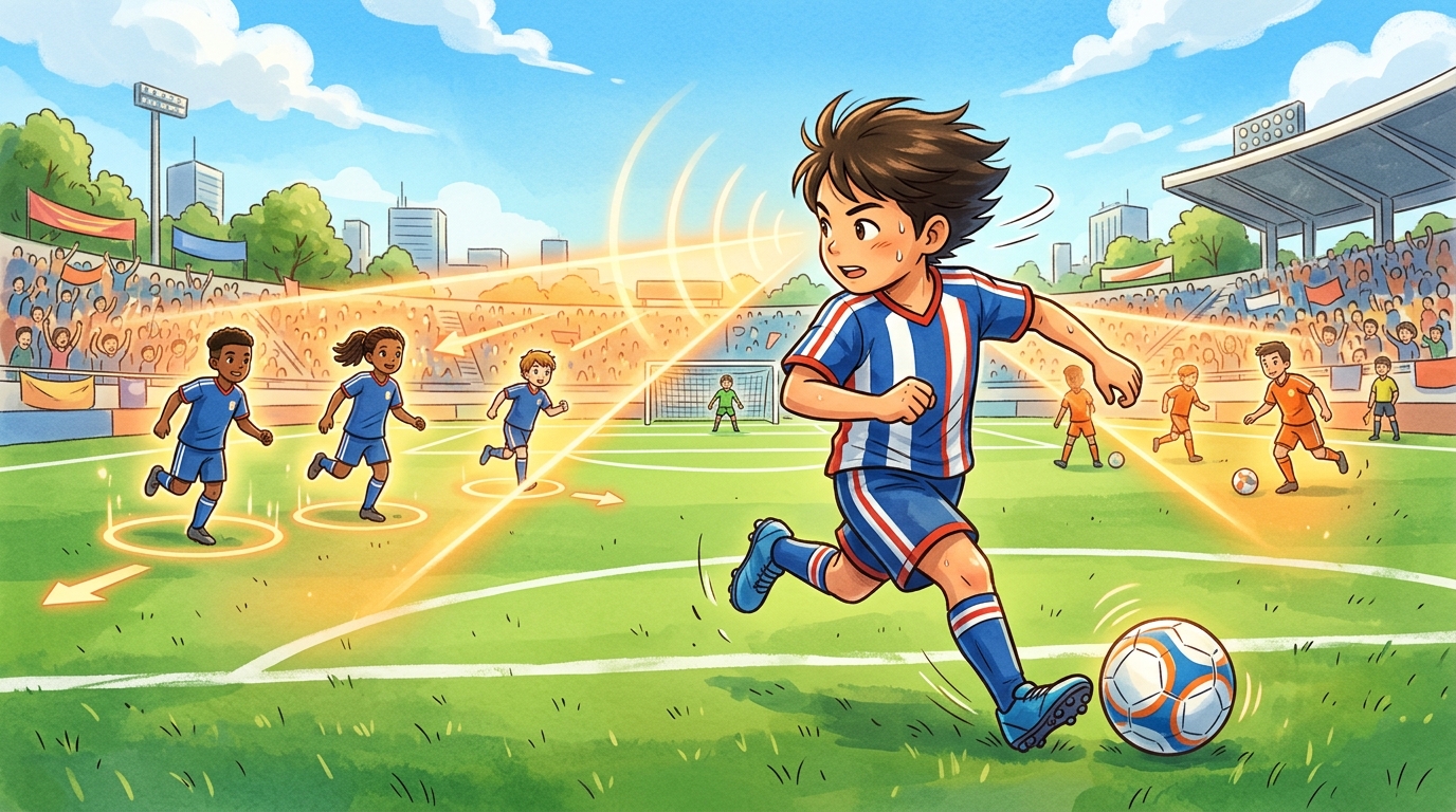 首を振って周りの選手やスペースをスキャンするサッカー少年のイラスト