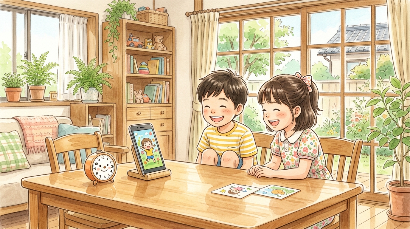 時間を守って仲良くスマホを使う子供たちのイメージ