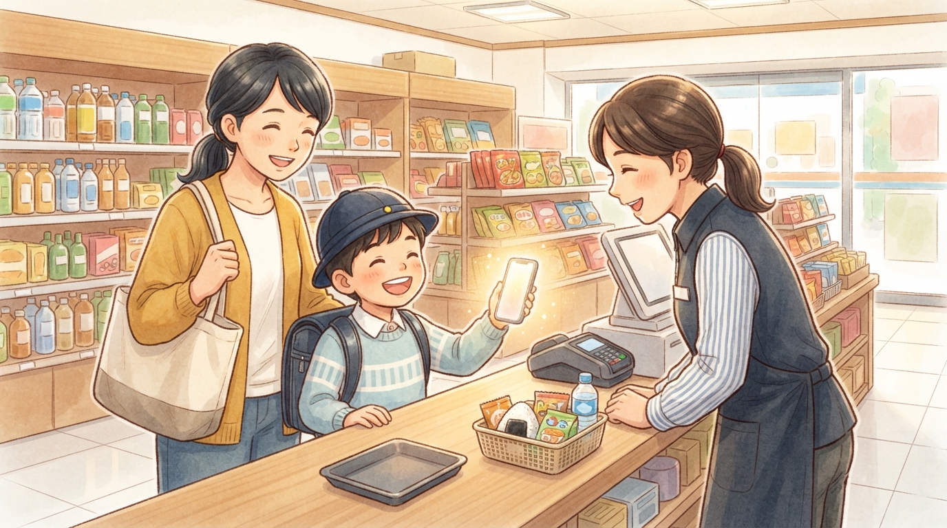レジでスマートフォンを使ってお会計をする様子