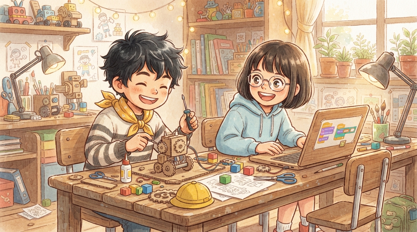 工作やプログラミングに夢中になる小学生