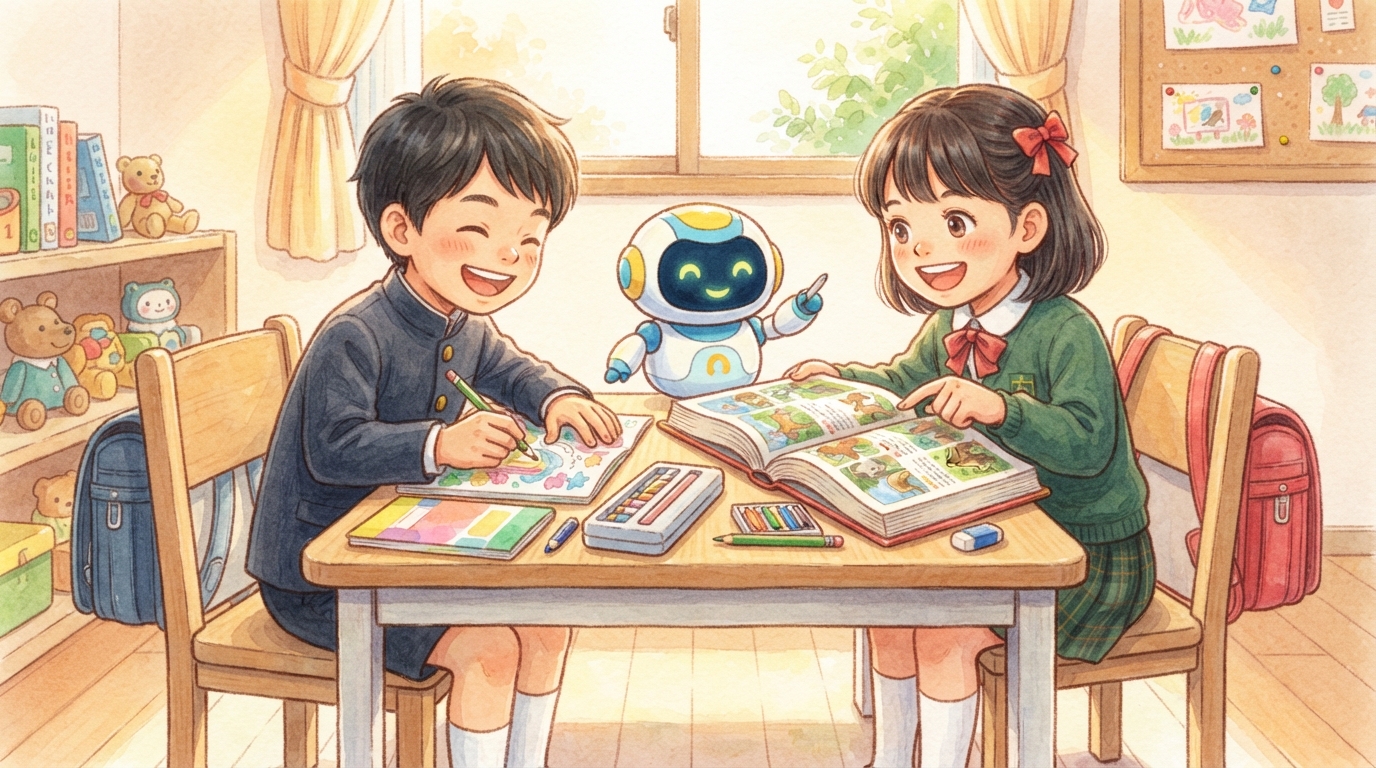 AIと約束を守って楽しく学ぶ小学生